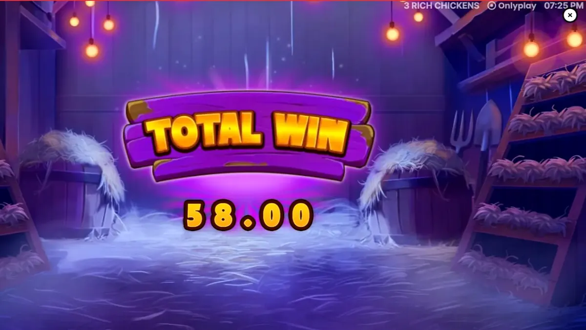 Interface colorida e animada do slot 3 Rich Chickens com galinhas e ovos dourados
